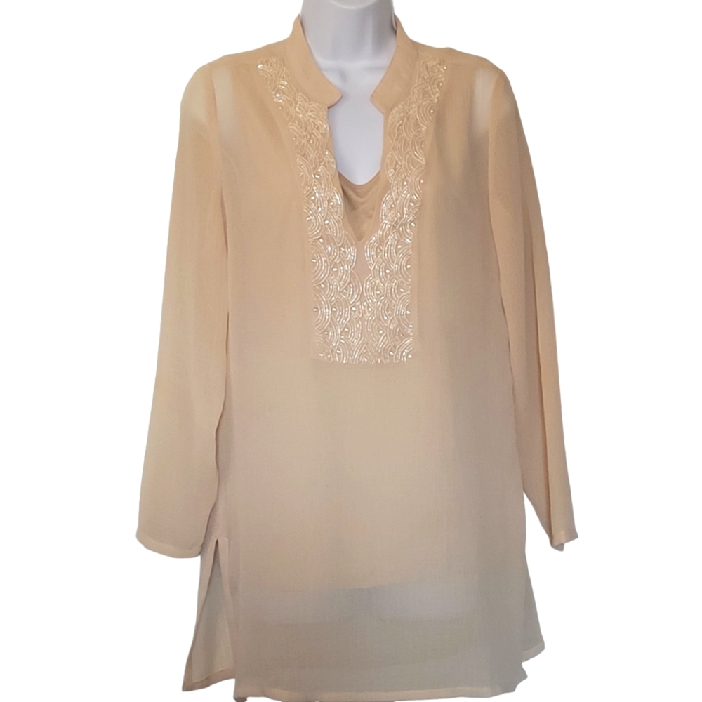 Chico’s Cream Drama Embellished Tunic Top With Tank Size S